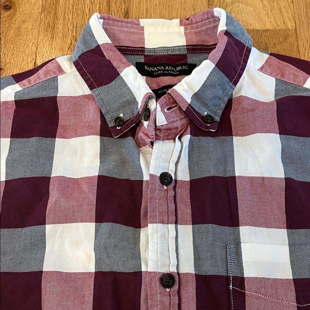 Banana Republic Men's Checkered Shirt - Maroon and Sky Blue